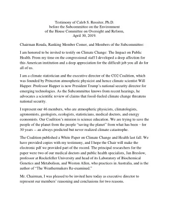 Testimony of Caleb S. Rossiter, Ph.D.  before the Subcommittee on the Environment  of the House