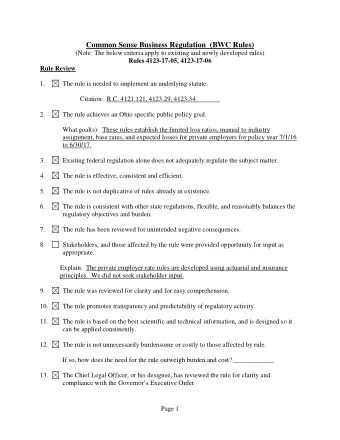 Common Sense Business Regulation  (BWC Rules)  (Note: The below criteria apply to existing and