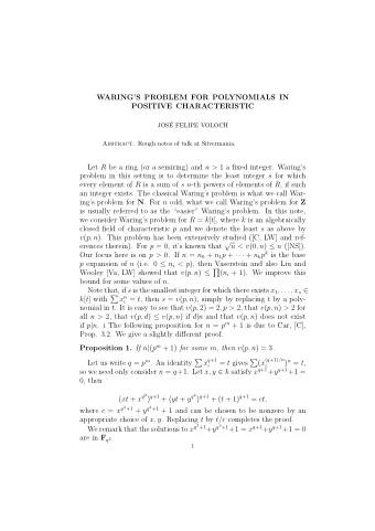 WARINGS PROBLEM FOR POLYNOMIALS IN  POSITIVE CHARACTERISTIC  JOS  E FELIPE VOLOCH Abstract.