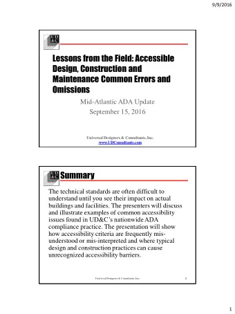 Lessons from the Field: Accessible  Design, Construction and  Maintenance Common Errors and