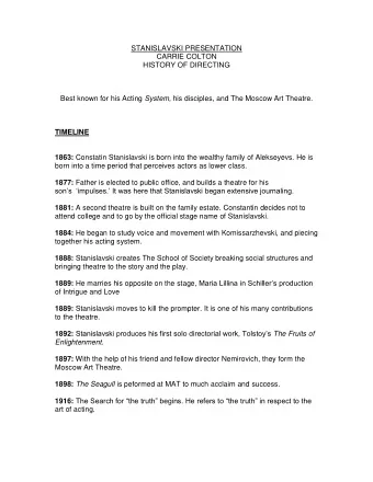 STANISLAVSKI PRESENTATION  CARRIE COLTON  HISTORY OF DIRECTING Best known for his Acting System,