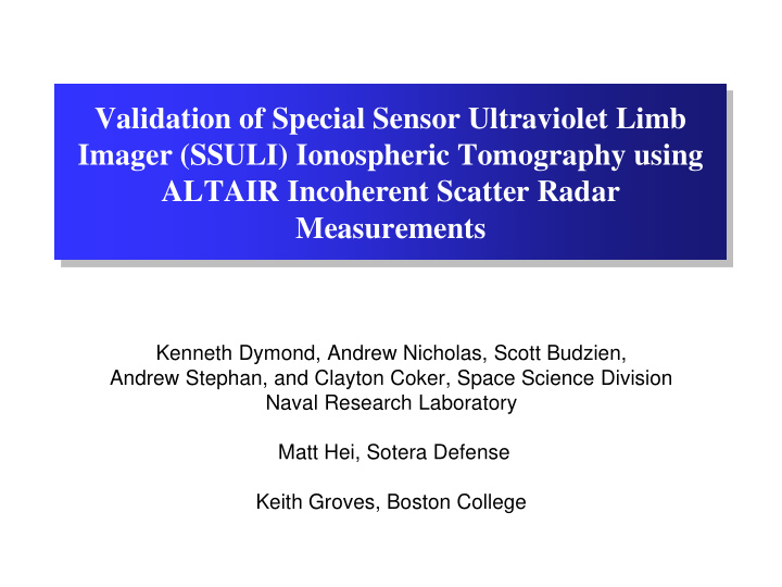 validation of special sensor ultraviolet limb imager