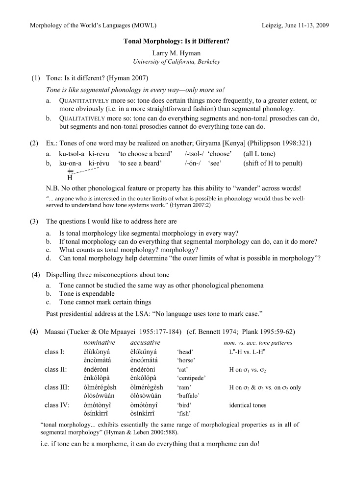 tonal morphology is it different larry m hyman