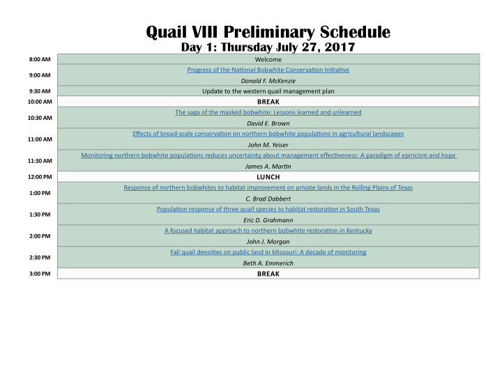 quail viii preliminary schedule