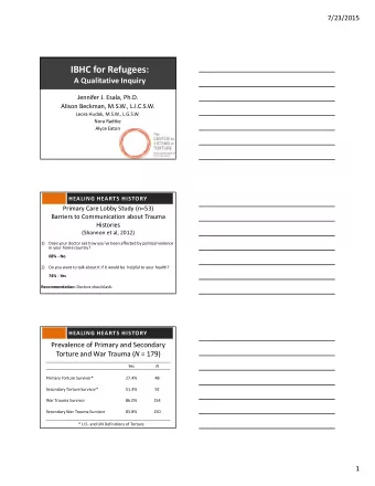 IBHC for Refugees:  A Qualitative Inquiry  Jennifer J. Esala, Ph.D.  Alison Beckman, M.S.W.,