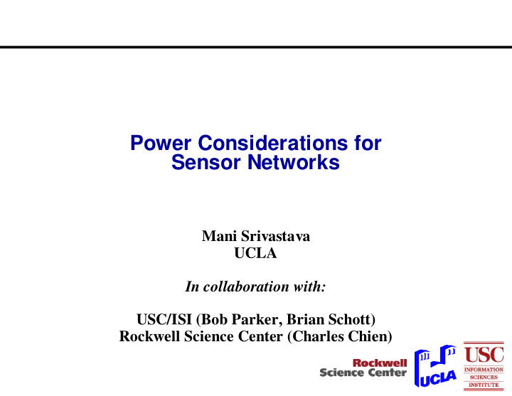 power considerations for sensor networks