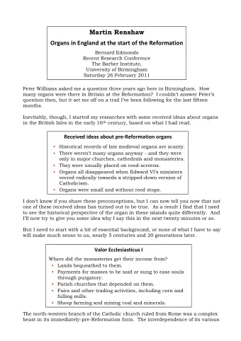 Organs in England at the start of