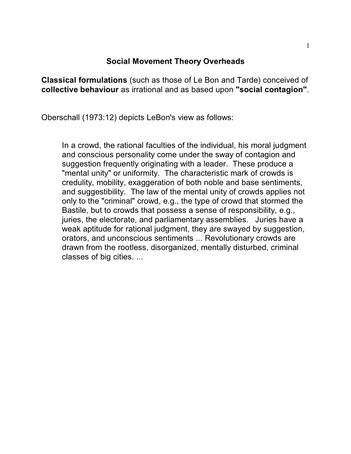 social movement theory overheads classical formulations