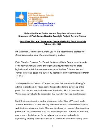 Before the United States Nuclear Regulatory Commission  Statement of Paul Gunter, Reactor Oversight