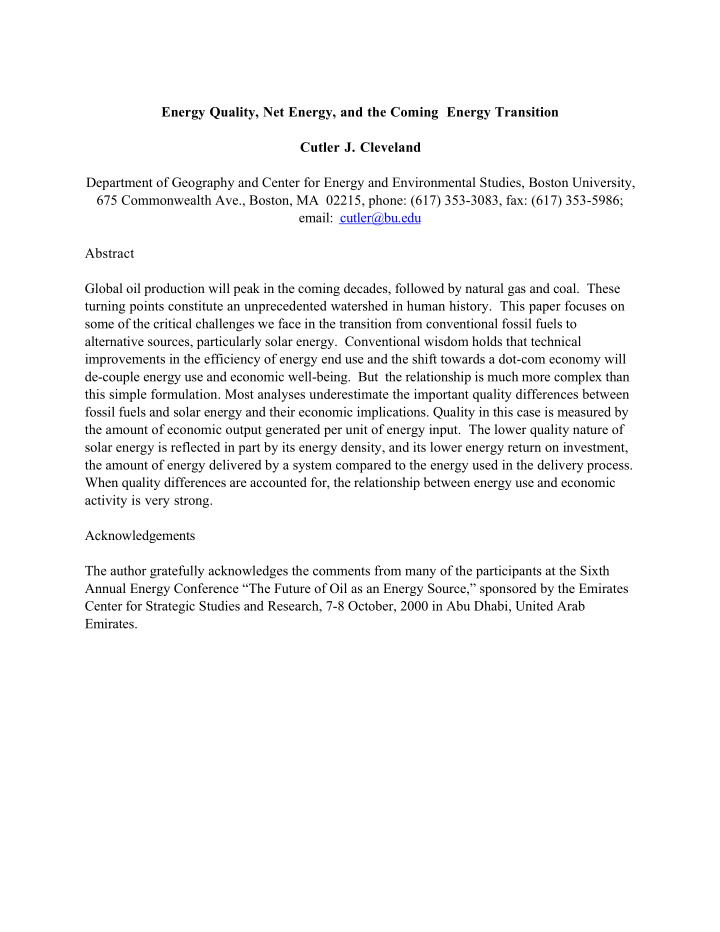energy quality net energy and the coming energy