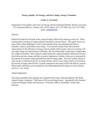 Energy Quality, Net Energy, and the Coming  Energy Transition  Cutler J. Cleveland  Department of