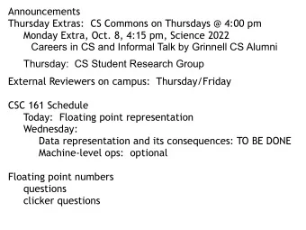 Announcements  Thursday Extras:  CS Commons on Thursdays @ 4:00 pm  Monday Extra, Oct. 8, 4:15 pm,