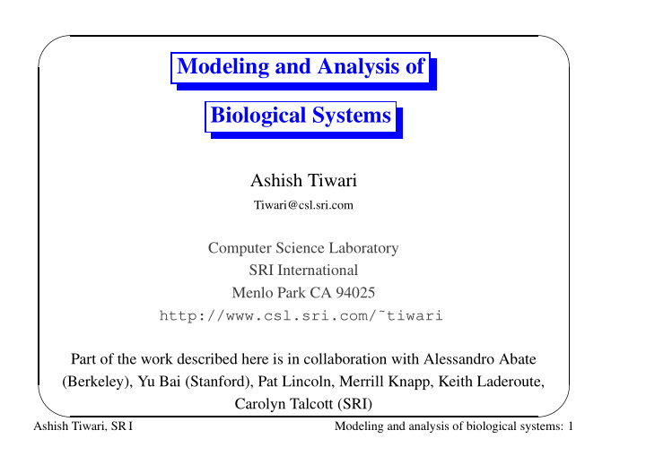 modeling and analysis of biological systems