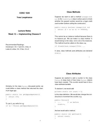 Class Methods  COSC 1020 Suppose we want to add a method isLegal(int  Yves Lesp  erance no) to