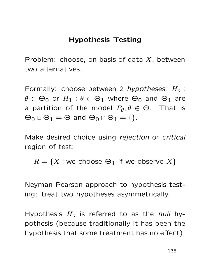 hypothesis testing problem choose on basis of data x