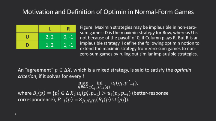 motivation and definition of optimin in normal form games