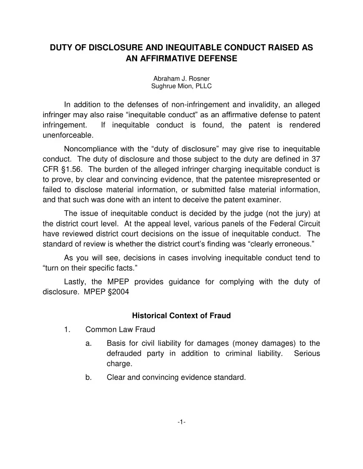 duty of disclosure and inequitable conduct raised as an