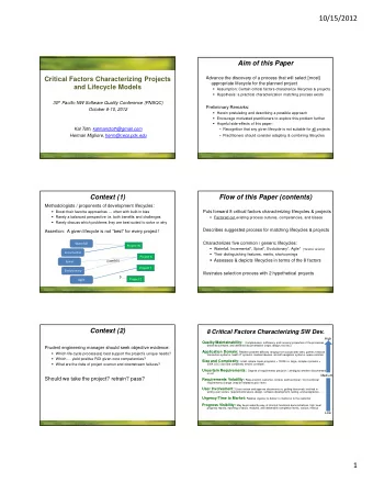 10/15/2012  Aim of this Paper  Critical Factors Characterizing Projects  Advance the discovery of a