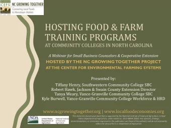 HOSTING FOOD &amp; FARM  TRAINING PROGRAMS  AT COMMUNITY COLLEGES IN NORTH CAROLINA  A Webinar for