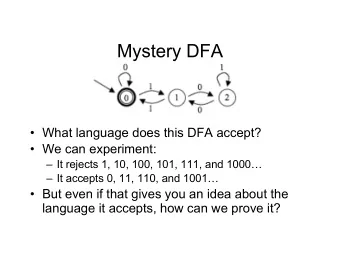 Mystery DFA   What language does this DFA accept?   We can experiment:   It rejects 1, 10,