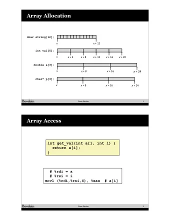 Array Allocation  char string[12];  x x + 12  int val[5];  x x + 4 x + 8 x + 12 x + 16 x + 20