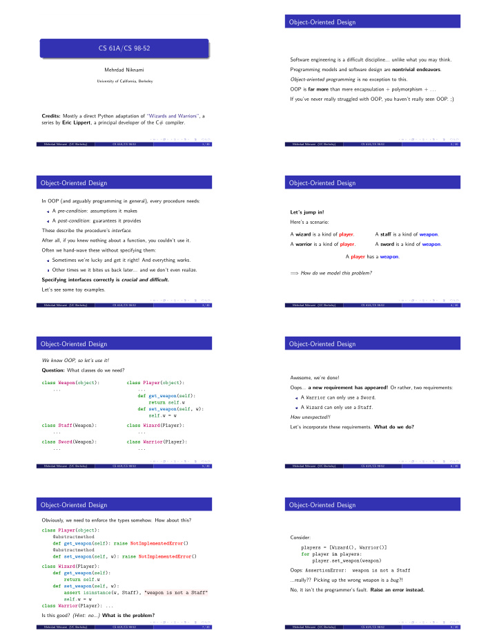 object oriented design cs 61a cs 98 52