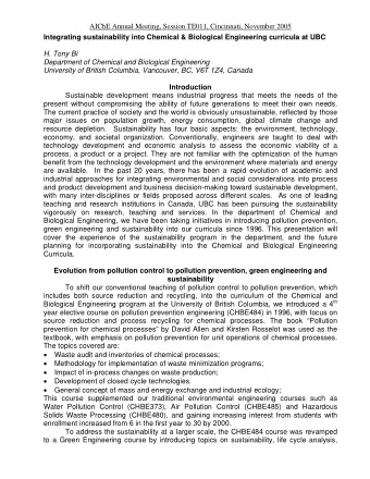 AIChE Annual Meeting, Session TE011, Cincinnati, November 2005  Integrating sustainability into