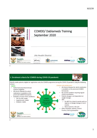 CCM  CCMDD/  DD/ Da  Dablamed  meds Tr  Training  Septem  Sep  ember  er 2020  Jhb Health District