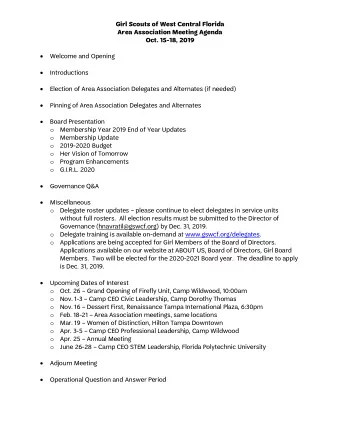 Girl Scouts of West Central Florida  Area Association Meeting Agenda Oct. 15-18, 2019  Welcome