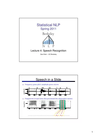 Statistical NLP  Spring 2011  Lecture 4: Speech Recognition  Dan Klein  UC Berkeley  Speech in a