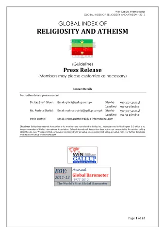 RELIGIOSITY AND ATHEISM (Guideline)  Press Release (Members may please customize as necessary)