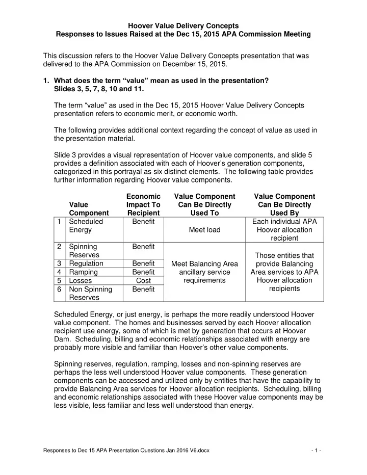hoover value delivery concepts responses to issues raised