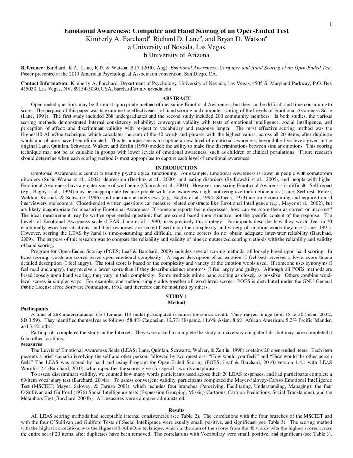 emotional awareness computer and hand scoring of an open