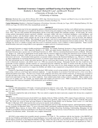 Emotional Awareness: Computer and Hand Scoring of an Open-Ended Test Kimberly A. Barchard a ,