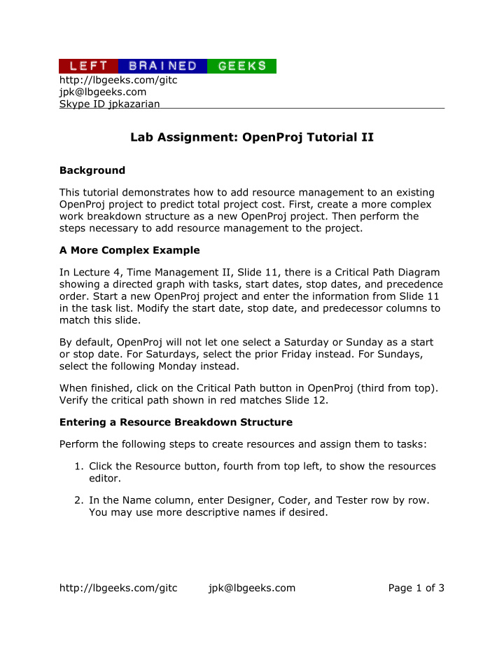 lab assignment openproj tutorial ii