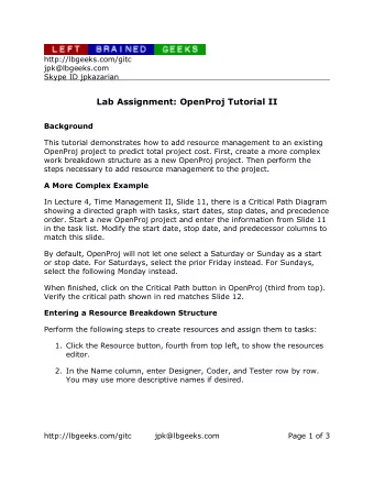 Lab Assignment: OpenProj Tutorial II  Background  This tutorial demonstrates how to add resource