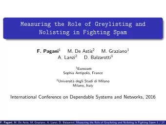 Measuring the Role of Greylisting and  Nolisting in Fighting Spam F. Pagani 1 M. De Astis 2 M.
