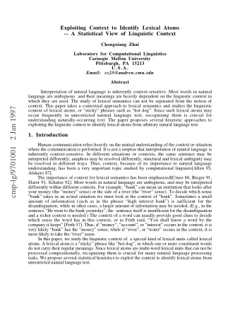 cmp-lg/9701001   2 Jan 1997  context of lexical atoms, or sticky phrases such as hot