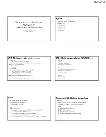 Cluttering across the lifespan:  Define: LCD Overview of  Assessment assessment and treatment