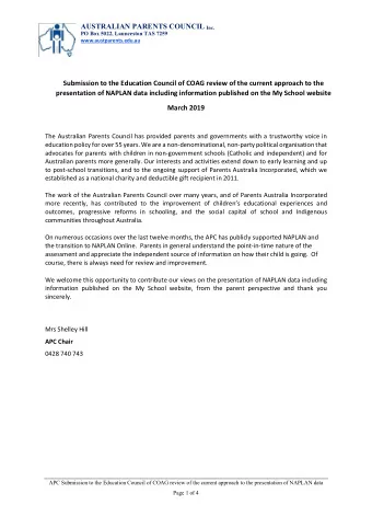 www.austparents.edu.au  Submission to the Education Council of COAG review of the current approach