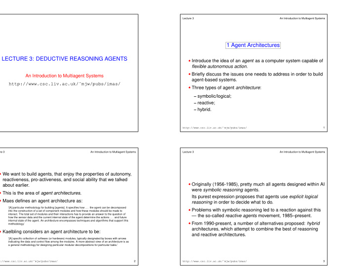 1 agent architectures lecture 3 deductive reasoning agents