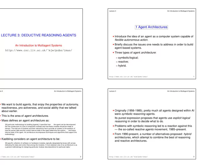 1 agent architectures lecture 3 deductive reasoning agents