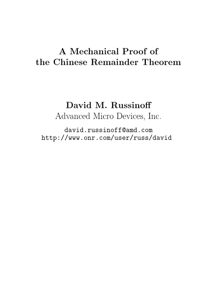 a mec hanical pro of of the chinese remainder theorem da