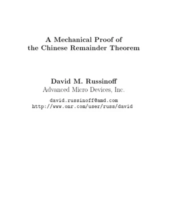A  Mec  hanical  Pro  of  of  the  Chinese  Remainder  Theorem  Da  vid  M.  Russino  Adv  anced