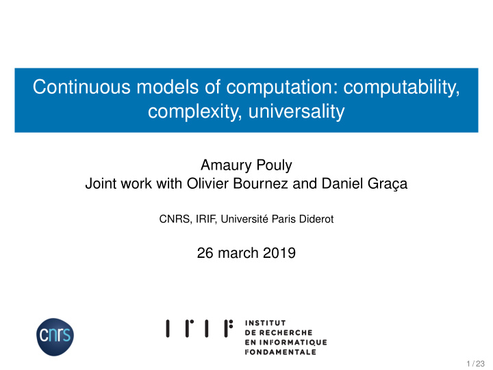 continuous models of computation computability complexity