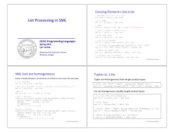 List Processing in SML - 5 :: nums;  val it = [5,9,4,7] : int list  - nums;  val it = [9,4,7] : int