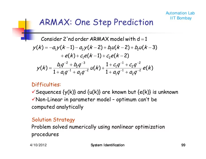 armax one step prediction