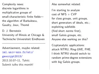 Complexity news:  Also somewhat related:  discrete logarithms in  Im starting to analyze