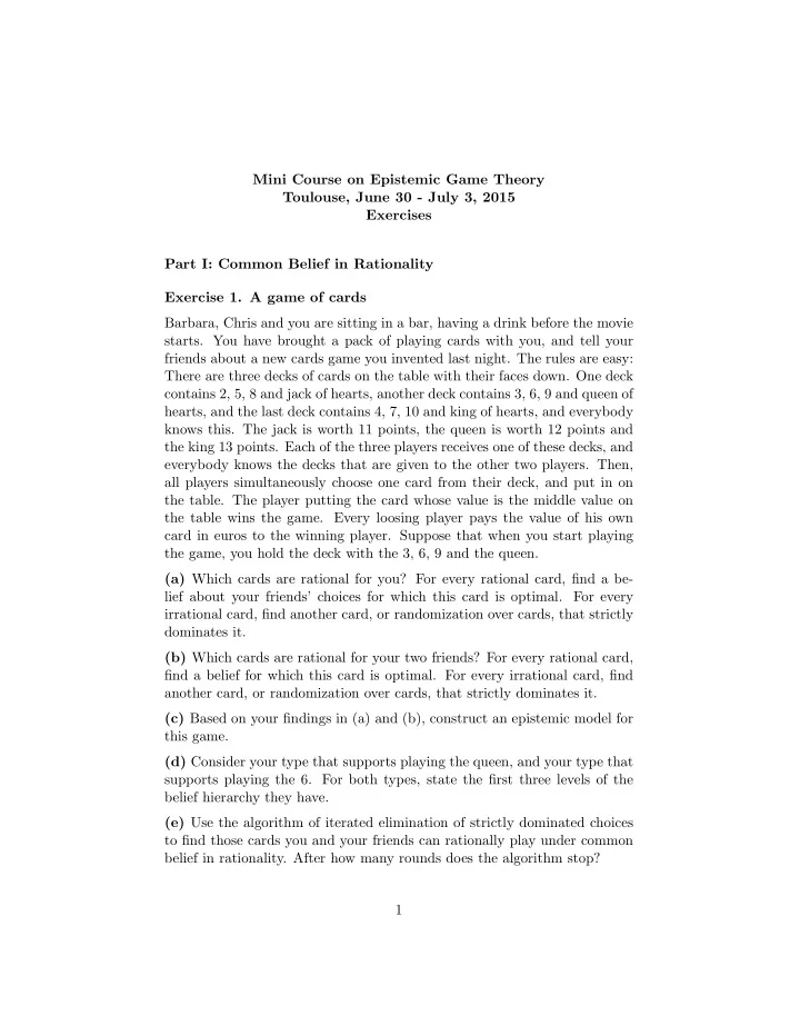mini course on epistemic game theory toulouse june 30