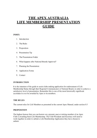 THE APEX AUSTRALIA  LIFE MEMBERSHIP PRESENTATION  GUIDE  INDEX 1. Introduction 2. The Rules 3.